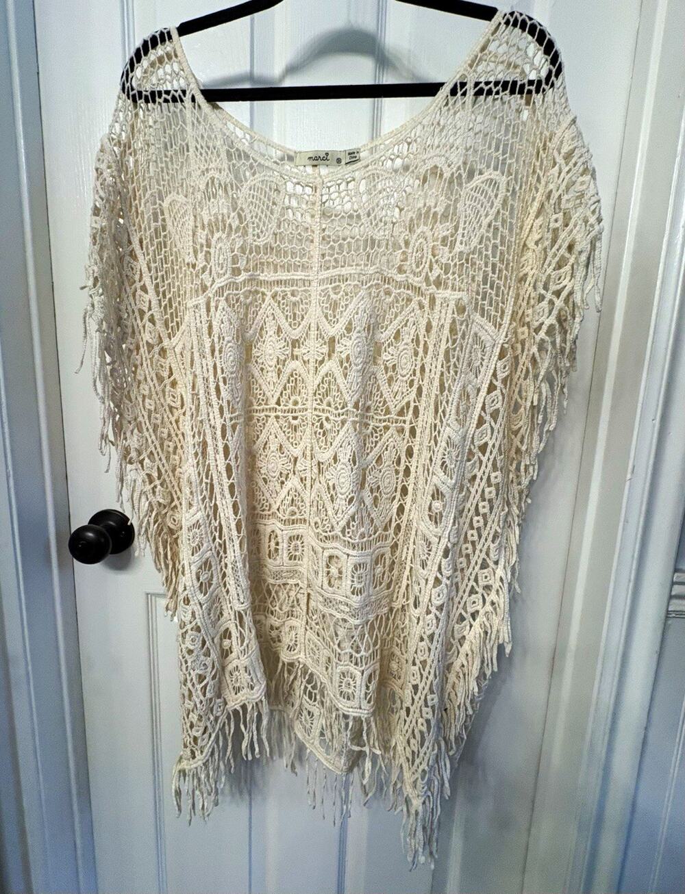 Ivory Lace Fringe Lightweight Geometric Scoop Neck Poncho 3X 100% Cotton